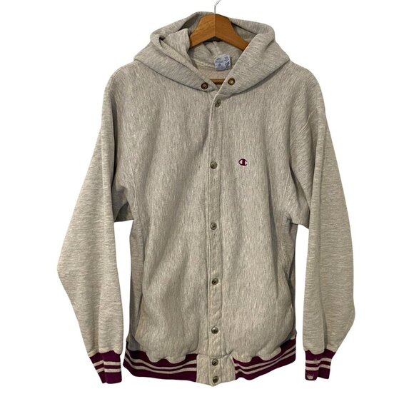 Vintage 90s Champion Reverse Weave Snap Button Hoodie Jacket Mens XL 3 Stripe - Picture 1 of 8